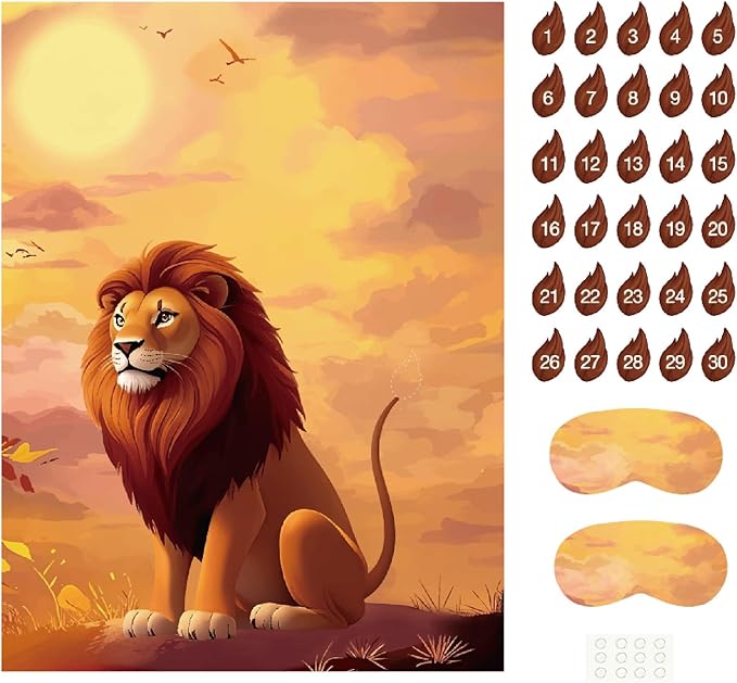 PLULON Pin The Tail on The Lion Safari Party Game for Kids, Birthday Games Big Poster with Tail Stickers for Zoo Animal Lion Party Favors Decorations Boys Birthday Jungle Party Supplies