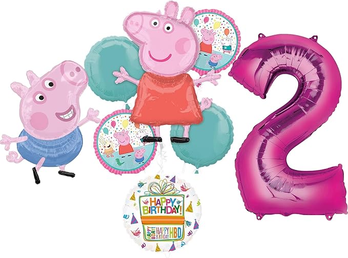 Anagram Peppa and George 2nd Birthday Party Supplies Pig Foil Balloon Bouquet Decorations, BQ_4282