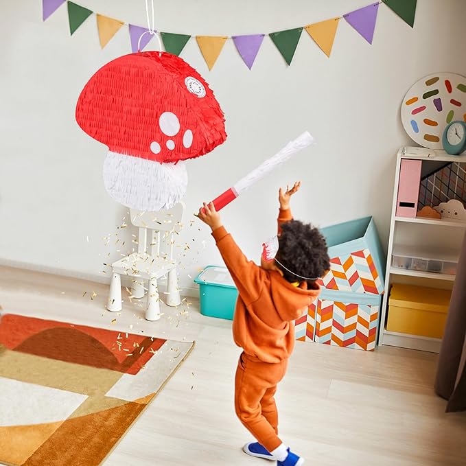 Mushroom Pinata with Stick and Blindfold Fairy Pinata for Kids 3D Mushroom Birthday Party Decorations Baby Shower Party Supplies