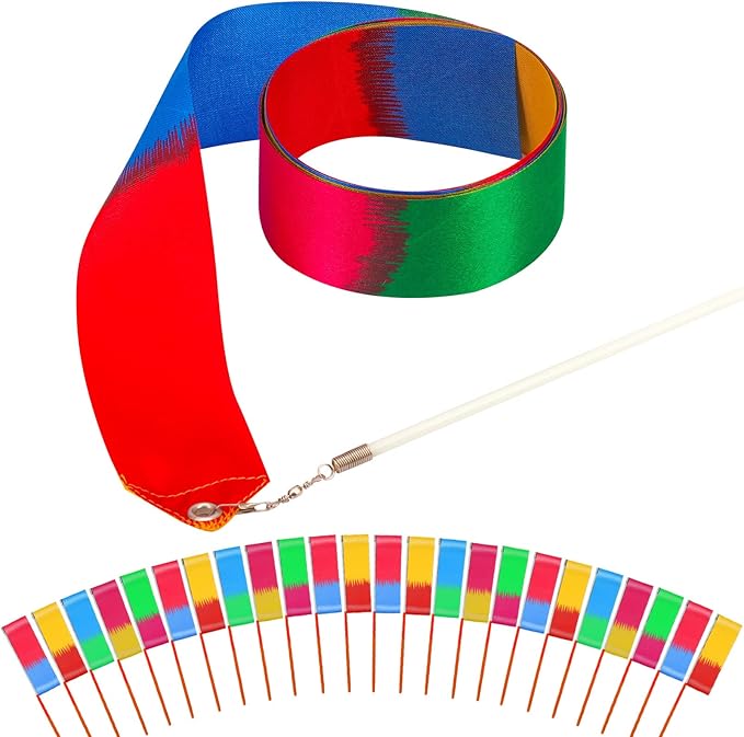 24 Pack Horizontal Rainbow Party Favors - Dance Ribbons for Kids Circus Carnival Rhythmic Gymnastics Birthday Party Decoration, Ribbon Baton Twirling Sticks Silks Streamers Wands for Girls