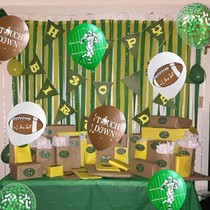 Football Balloons,60Pcs 12 Inch Green Brown White Green Confetti Football Party Balloons for Boy Football Birthday Sport Party Decorations Sports Baby Shower Graduation Party Supplies
