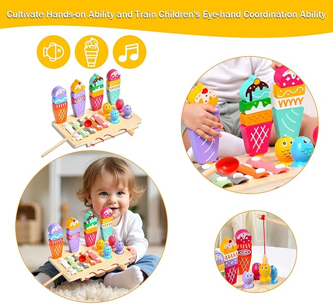 Wooden Montessori Toys for 3 Year Old，Shape Sorter Stacking Games, Fishing Games Preschool Learning Educational Toys for Boys Girls Toddlers (Ice Cream)