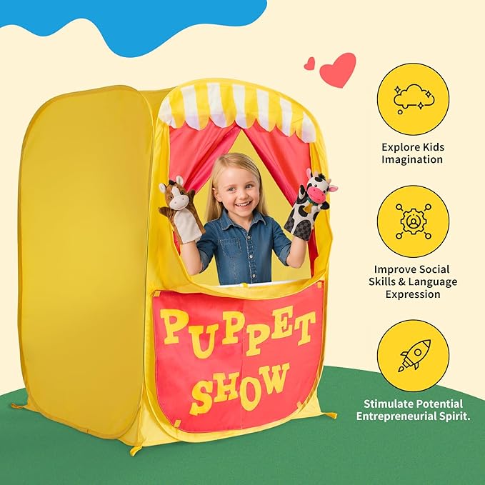 Alvantor® Pop Up Puppet Show Theater & Lemonade Stand, Pretend Playhouse Kids Tent, Puppet Stage Tabletop Sets for Toddlers Curtain Fordable, Indoor & Outdoor Children Drama 29"X29"X43"H, 1 pc