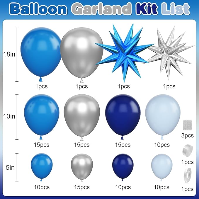 Blue Silver Balloon Arch Garland Kit, Navy and Pastel Blue Latex Party Balloons With Silver Star Foil Balloon for Birthday, Baby Shower, Wedding, Graduation, Anniversary Party Decor