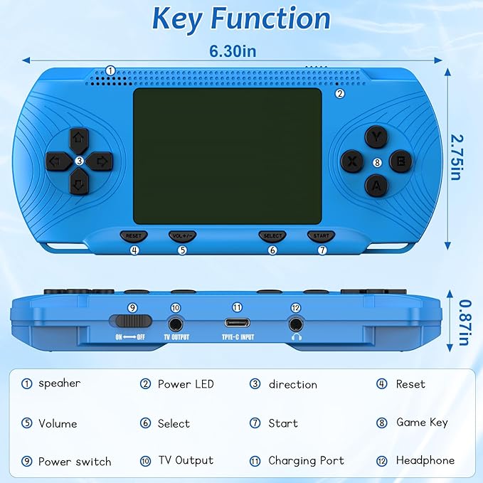 Handheld Game for Kids - Preloaded 258 Retro Video Games & 3 Cartridges, 3.0" HD LCD Screen, Portable Gaming Player with Rechargeable Battery, Birthday Xmas Gift for Boys Girls 4-12, Blue