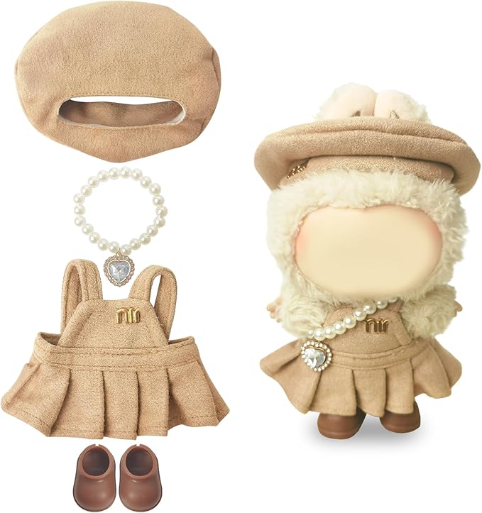 Clothes Compatible with LABUBU – Blue & White Tweed Dress with Bow, Bracelet & Shoes | 4PCS Couture-Inspired Outfit for 8-Inch Dolls (Mocha Beige Chic)