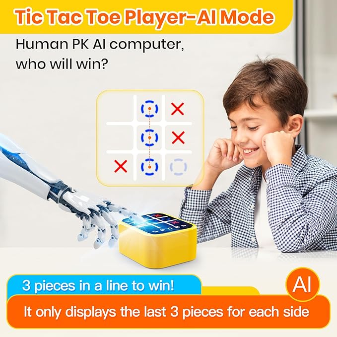 Rechargeable Tic Tac Toe Game Box, Upgraded 5 Fun Brain and Memory Games, Compact Handheld Game Console, Portable Puzzle Travel Game Ideal Gifts for All Ages 3+ (Yellow)