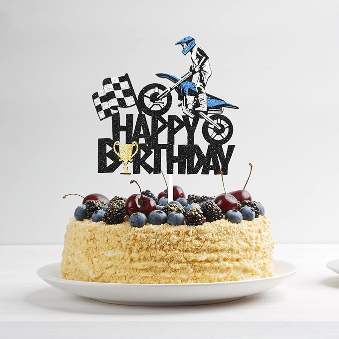 Motorcycle Happy Birthday Cake Topper - Extreme Sports Racing Birthday Party Glitter Autocycle Player Cake Topper - Sport Man Boy Motocross Racing Birthday Party Supplies