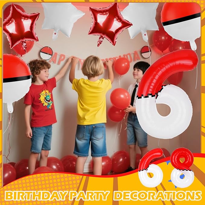 40 Inch Red & White Cartoon Themed Theme Number Balloon, Number Block Foil Number 6 Balloons Large Big Numbers Helium Balloon for Girls Boys 6th Birthday Theme Party Decorations (Number 6)