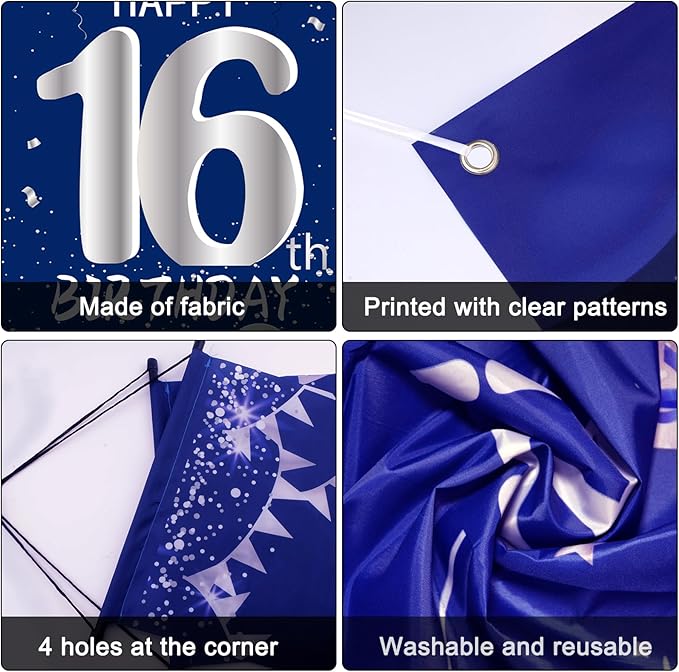 16th Birthday Decorations for Boys Girls, Navy Blue Happy 16th Birthday Door Banner Sign, 16 Years Old Party Supplies Teenagers Bday Backdrop Balloons Hanging Decors