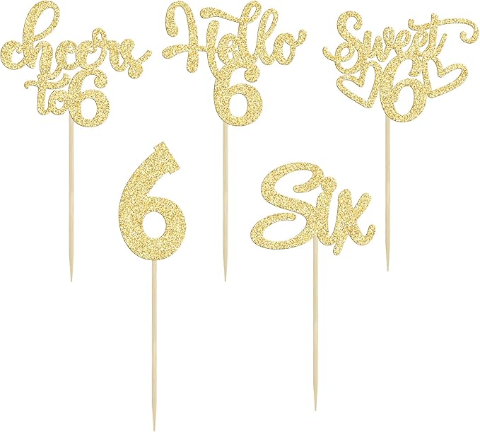 30Pcs 6th Birthday Cupcake Toppers Glitter Six Hello 6 Cupcake Picks Cheers to 6 Years Old Cake Decorations for 6th Birthday Party Supplies Gold