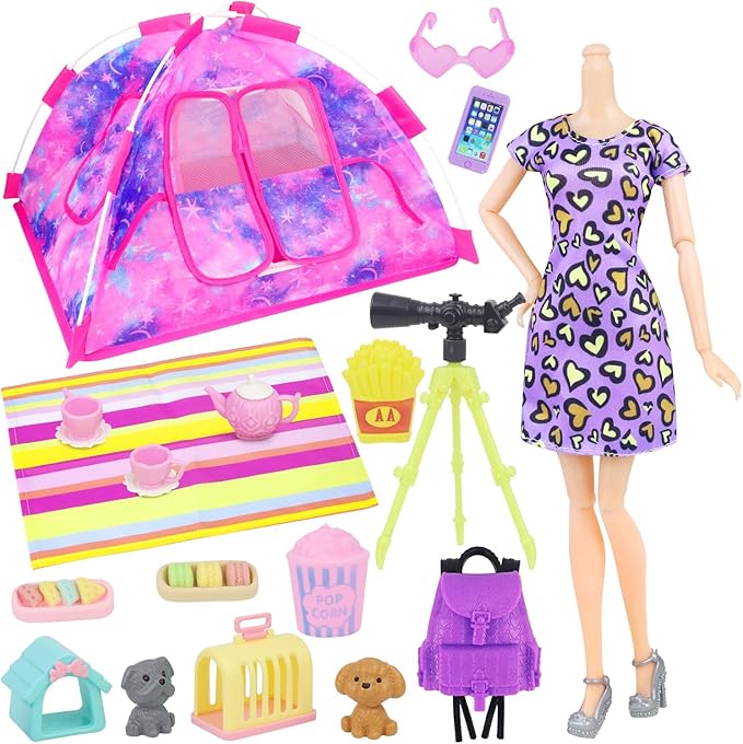 K.T. Fancy 18 PCS Girl Doll Travel Camping Tent Set and Accessories for 11.5 Inch Includes Tent, Clothes, Backpack, Toy Dog, Placemat, Toy Phone, Glasses (Doll NOT Included)