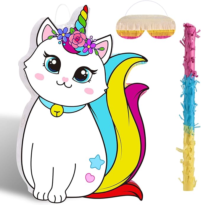 Aoriher Unicorn Cat Piñata with Blindfold and Bat, Caticorn Unicorn Cat Piñata Birthday Party Supplies for Party Favor Birthday Decorations, 16 x 11 Inch