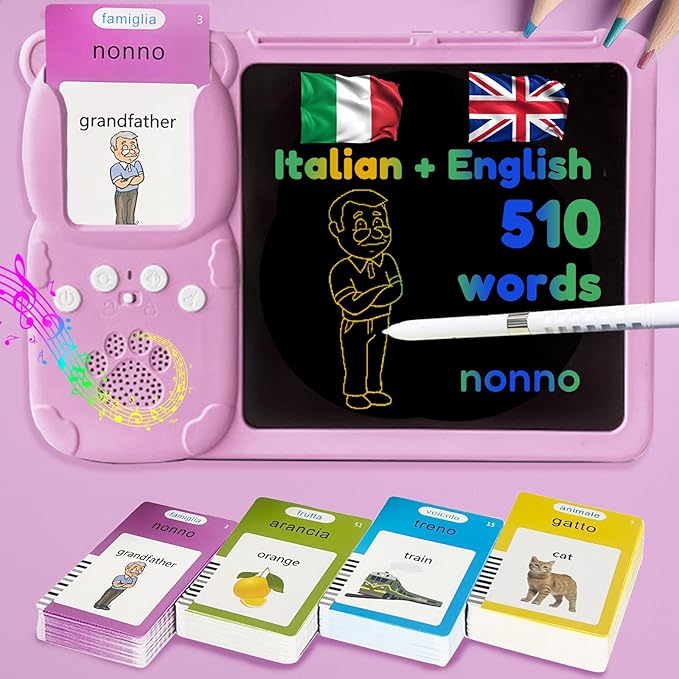Drawing Tablet with Bilingual Flashcards for Kids - Italian English Talking Flash Cards, LCD Writing Pad Board, Pocket Speech for Toddlers, Learning Toy Gift for Boys Girls (Italian, Pink)