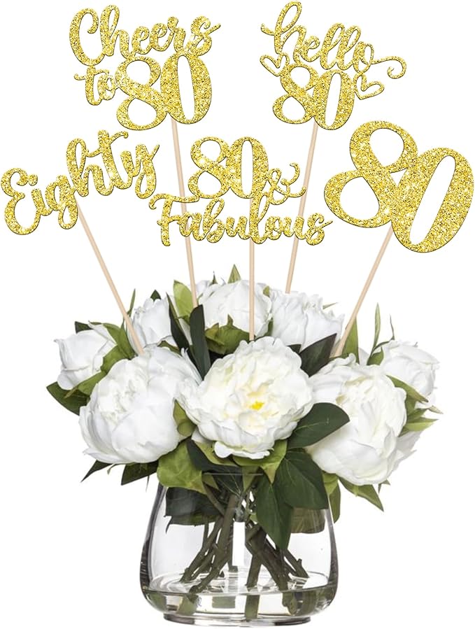 15PCS Happy 80th Birthday Centerpiece Sticks Hello 80 Fabulous Table Flower Centerpieces Sticks Eighteen Cheers to 80 Years Floral Decoration for Happy 80th Birthday Party Centerpieces Sticks Gold