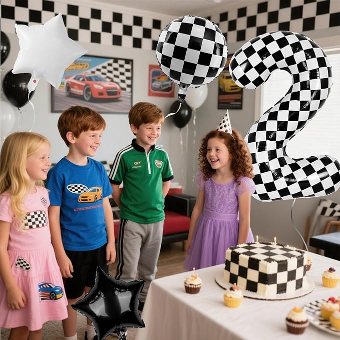 40 Inch Checkered Number Balloons 2 Black and White Foil Balloon for Girls & Boys Racing Car Theme Birthday Party Decorations, Party Supplies & Favors(Number 2)