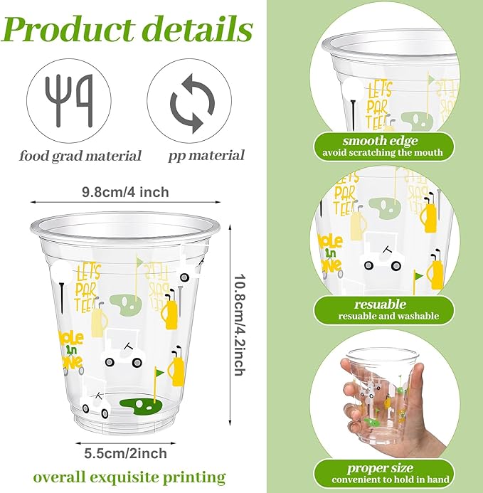 Qinyoung 100 Pcs Golf Party Supplies Bulk Clear Plastic Cups 12oz Disposable Let's Par-tee for Home Sports Golf Ball Themed Birthday Bachelor Party Supplies Favors (Yellow,Green,White)