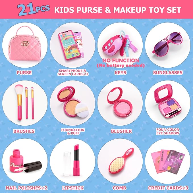 Little Girl Purse with Pretend Makeup Kit, Toddler Purses with Accessories, Kids Play Make up Toy with Handbags, Pink Princess Kit Gifts Toddler Girls Toys for 3 3-5 4-6 3 4 5 6 7 8 Year Old