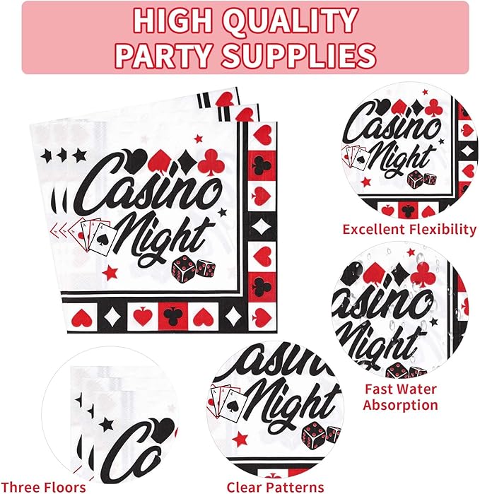 Grencian 96Pcs Casino Party Decorations Poker Plates and Napkins Disposable Red Black Casino Birthday Paper Tableware Set for Las Vegas Night Poker Club Birthday Party Supplies, Serves 24