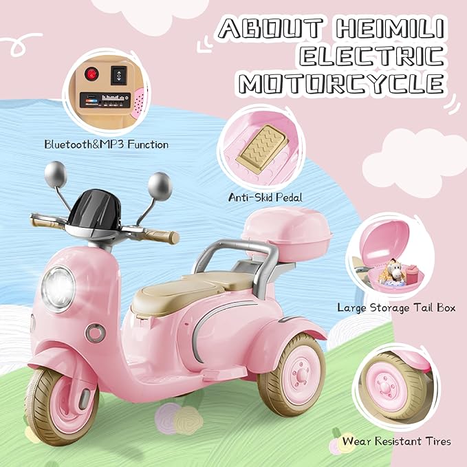 HEIMILI 12V Kids Electric Motorcycle for Girls, 3 Wheel Ride On Motorcycle for Kids 3-5 Years, Mini Battery Powered Motorbike with Bluetooth & MP3, Toddler Electric Ride On Toy, Pink