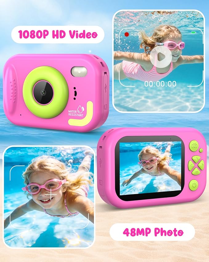 Waterproof Kids Camera, Underwater Camera for Kids 1080P Digital Video Camcorder with 2.4” Display, 32GB TF Card, Emergency LED Flash, Diving Swimming Beach Pool Toys for 3-12 Years Old Girls, Pink