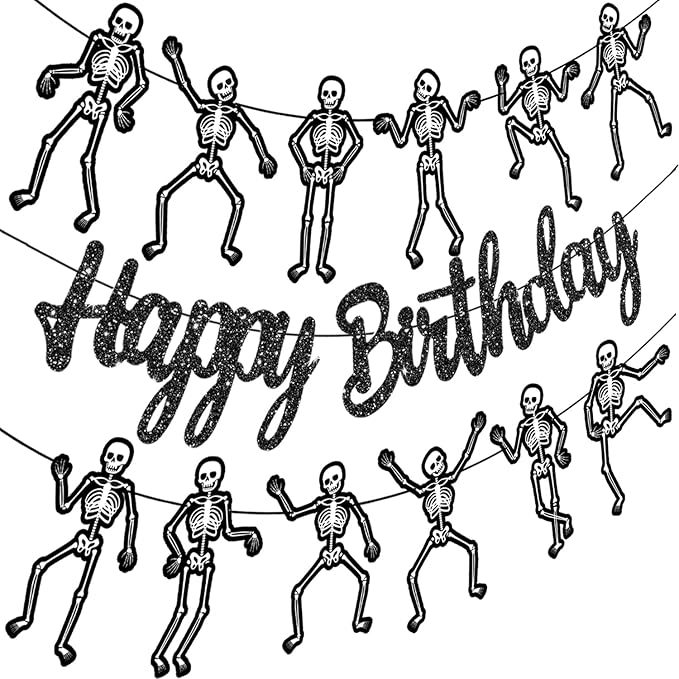 Skeleton Birthday Party Banner Halloween Party Decorations Dancing Skeleton Cutout Banner Glitter Black Skull Party Decoration for Halloween Holiday Celebration Supplies