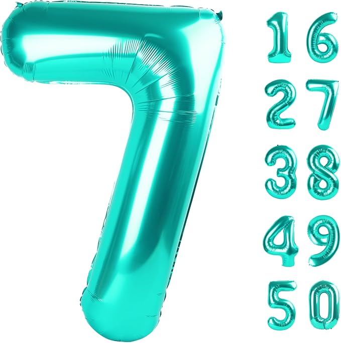 40 Inch Teal Blue Balloon Number 7 Birthday Jumbo Mylar Foil Helium Balloon for 7th 17 27 37 Birthday Digital for 70th Party Wedding Anniversary Party Decorations
