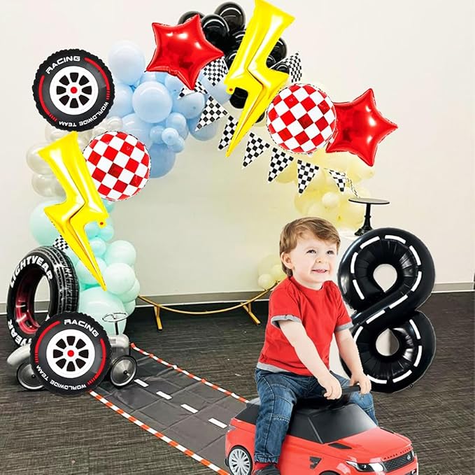 Race Car Birthday Party Decorations Large Lightning Bolt Foil Balloons Race Car Balloons 40 Inch Racetrack Number 8 Balloon for Boys 8th Race Car Birthday Party Decor Supplies