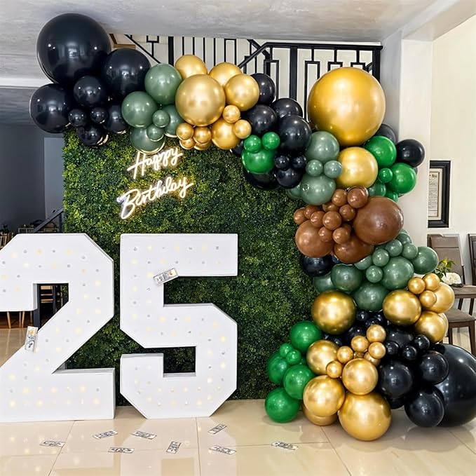 Green and Brown Balloon, 60Pcs 12Inch Dark Green Black Metallic Gold Latex Balloon, Metallic Avocado Tan Chrome Gold Balloons for Camo Camping Game Army Jungle Safari Theme Birthday Party Decor