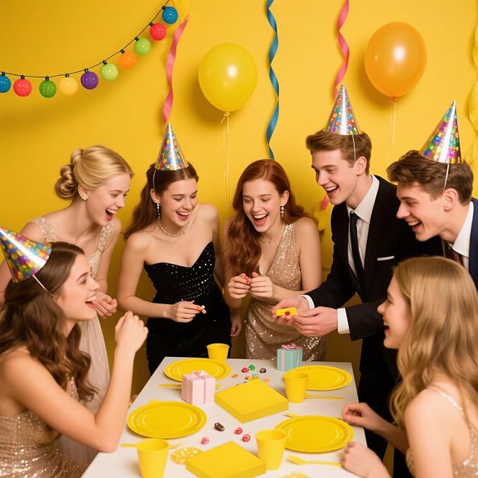 50PCS Yellow Paper Plates and Napkins Decorations, 7Inch Solid Yellow Dessert Plates Disposable Cake Plate Tableware Set Party Supplies for Birthday Anniversaries Baby Shower Wedding