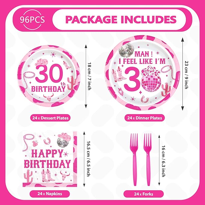 96Pcs Western 30th Birthday Decorations Man I Feel Like I'm 30 Plates and Napkins Disco Cowgirl Birthday Decoration for Women Thirty Years Old Nashville Western Wild West Theme Party Supplies Serve 24