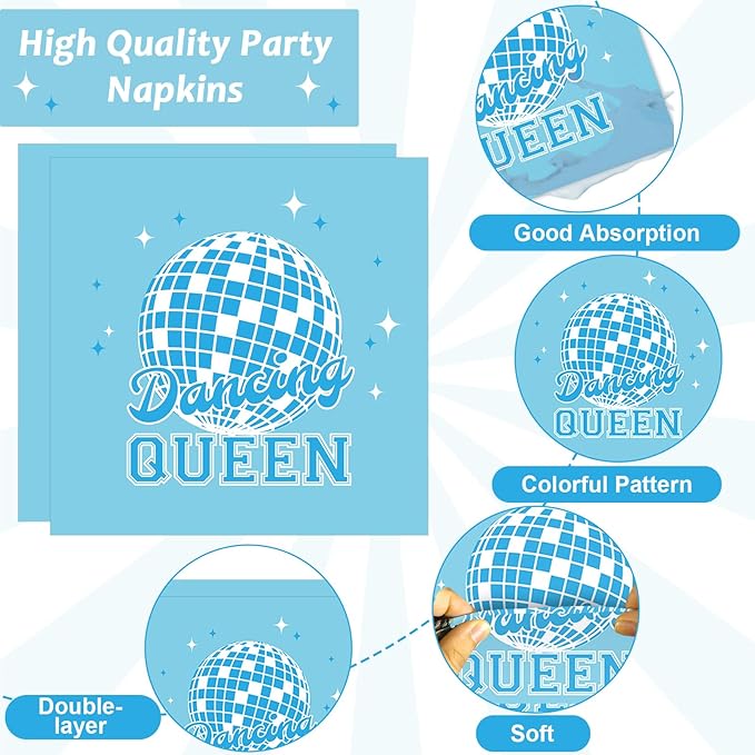 96Pcs Dancing Queen Party Supplies Dancing Queen Paper Plates Napkins Disposable Blue Disco Party Tableware Set 70s Disco 17th Birthday Dinnerware for Bachelorette Decoration Serve 24