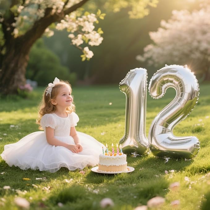 40 Inch Silver Number 12 Digital Balloon,Jumbo Mylar Foil Helium Balloon for 12 Balloons for Birthday Party,Wedding Anniversary Party Decorations