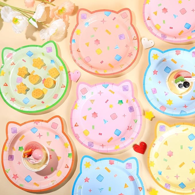 48Pcs Cat House Party Paper Plates Kitten Shaped Disposable Dessert Plates Cat Birthday Party Decoration Cute House Tableware Kitten Themed Parties Favor for Kids Birthdays Baby Showers Supplies