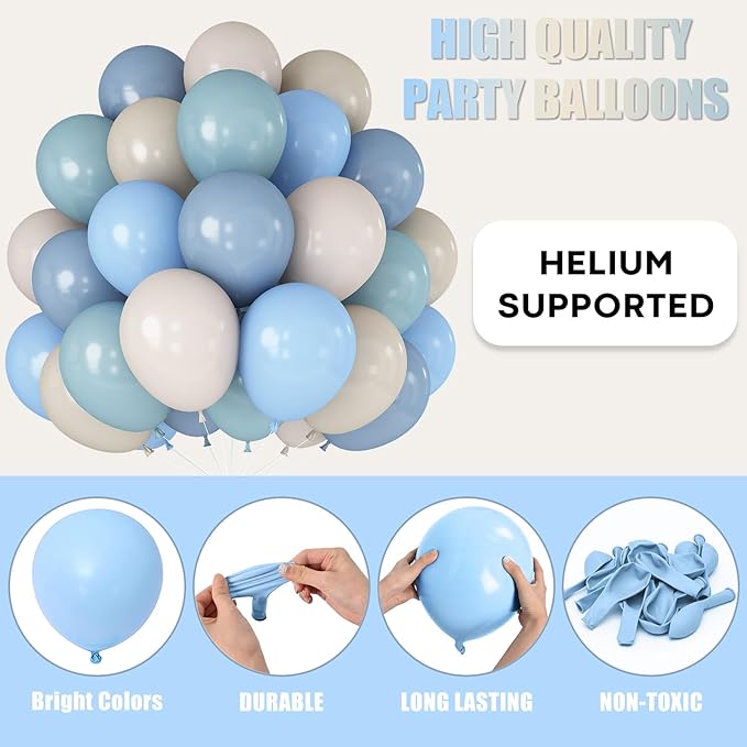 Dusty Blue and White Balloons Haze Pastel Blue Beige Balloon 12inch 60pcs Sand White Ivory Helium Latex Balloon for Arch Birthday Party Decorations Bridal Baby Shower Bachelorette Engagement Wedding