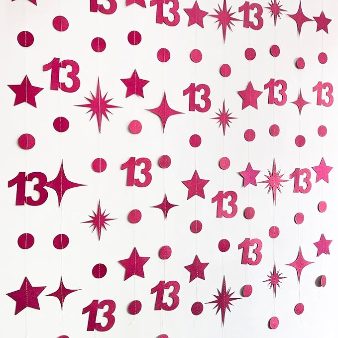 Burgundy 13th Birthday Decorations Number 13 Circle Dot Star Garland Glitter Streamer Banner Backdrop for Girls Boys Official Teenager Cheers to 13 Years Old Birthday 13th Anniversary Party Supplies