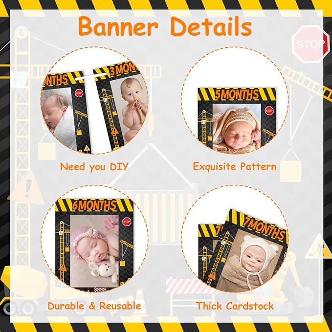 Sursurprise Construction 1st Birthday Party Supplies, Construction Photo Banner from Newborn to 12 Months, Dump Truck Excavator Vehicle First Birthday Decorations