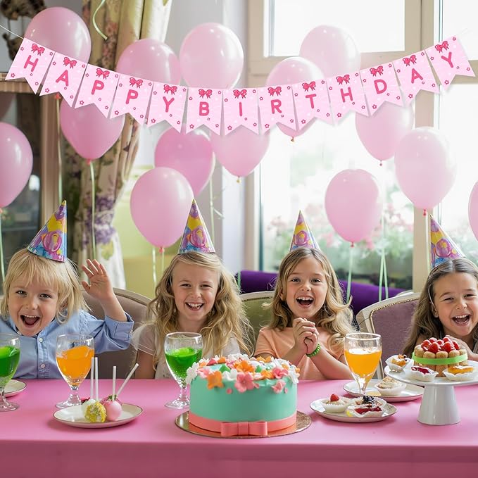 TaoBary Pink Cute Kitty Happy Birthday Banner Pre-strung Hanging Sign Cartoon Cat Birthday Decorations Kitty Themed Pink Party Supplies Cartoon Kitten Banners for Girls Women Birth Favors