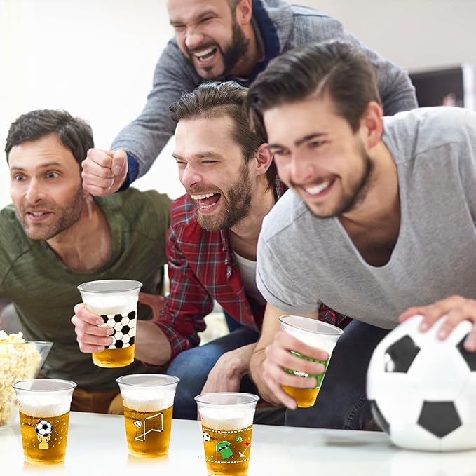 50Pcs Soccer Party Decorations Cups, 12 OZ Disposable Plastic Drinking Cups for Sports Themed Tailgate Events Game Day Football Soccer Birthday Christmas Party Decor Supplies Favors