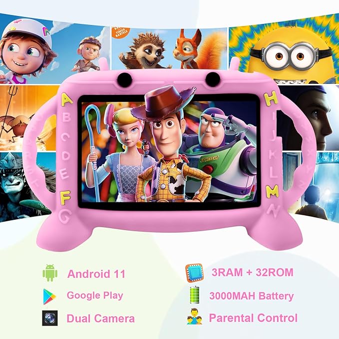 Kids Tablet, 7 inch Tablet for Kids 2-10, Educational Learning Toddler Tablet Android 11, 3GB RAM+32GB ROM Storage, Google Play YouTube