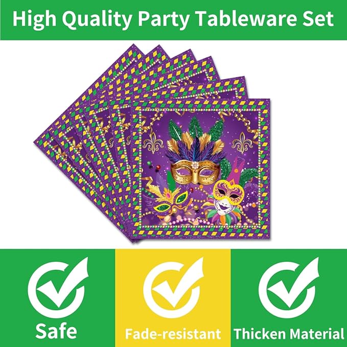 96Pcs Carnival Nola Paper Plates Napkins Forks Carnival Theme Party Decorations Tableware Set Mask Fat Tuesday Party Supplies Serve 24 Guests