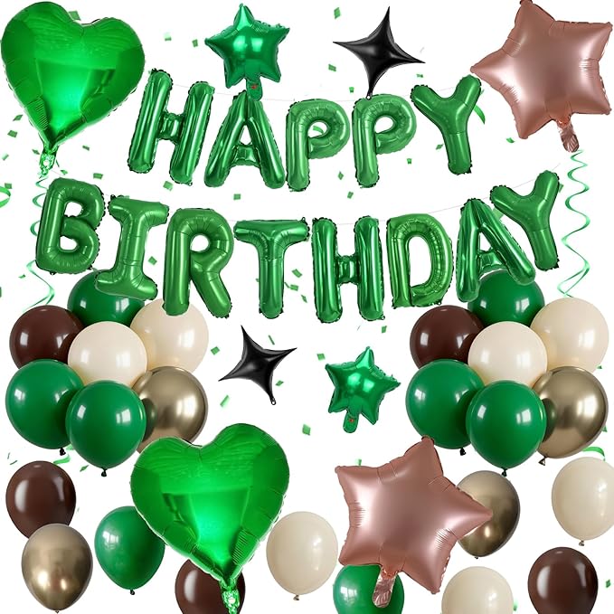 Green and Brown Birthday Decorations Dark Forest Green Safari Camo Army Brown Coffee Gold Sand Nude Balloons Happy Birthday Banner Heart Balloons 18/10 Inch Star Balloon for Boys Bday Party Supplies