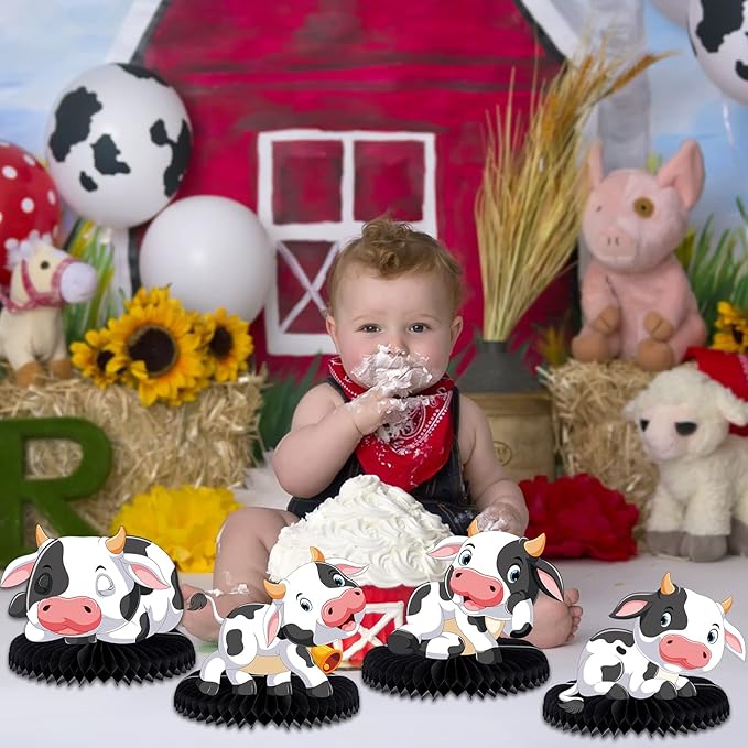 9 Pcs Cow Honeycomb Centerpieces Farm Animals Cow Table Topper Honeycomb 3D Table Decoration Barnyard Paper Fan Cow Cutouts for Children's Party Western Cowboy Baby Shower Wedding Party Supplies