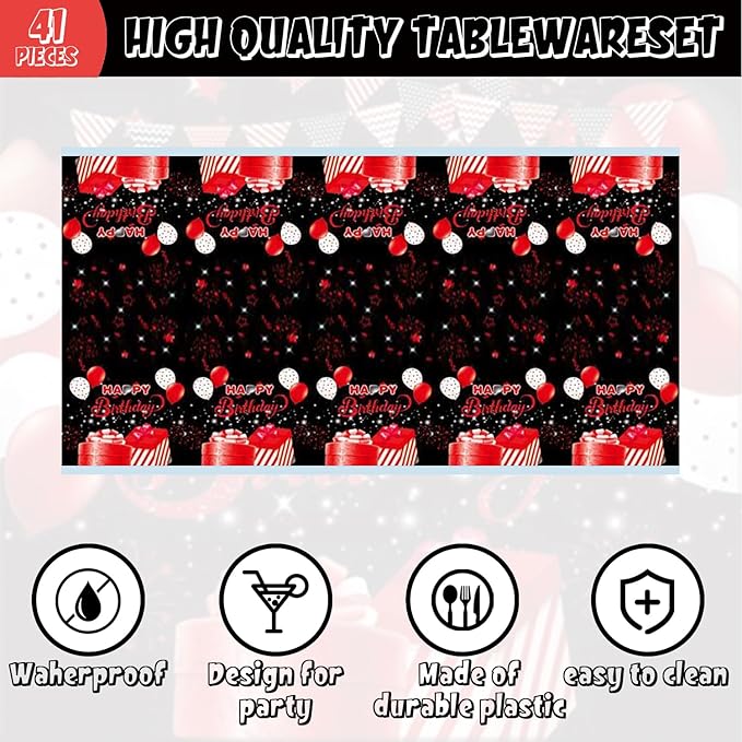 41pcs Black and Red Party Decoration,Black Red Birthday Party set Include dessert plate,Napkin and Tablecloth,Used for Black and Red Birthday Party Supplies
