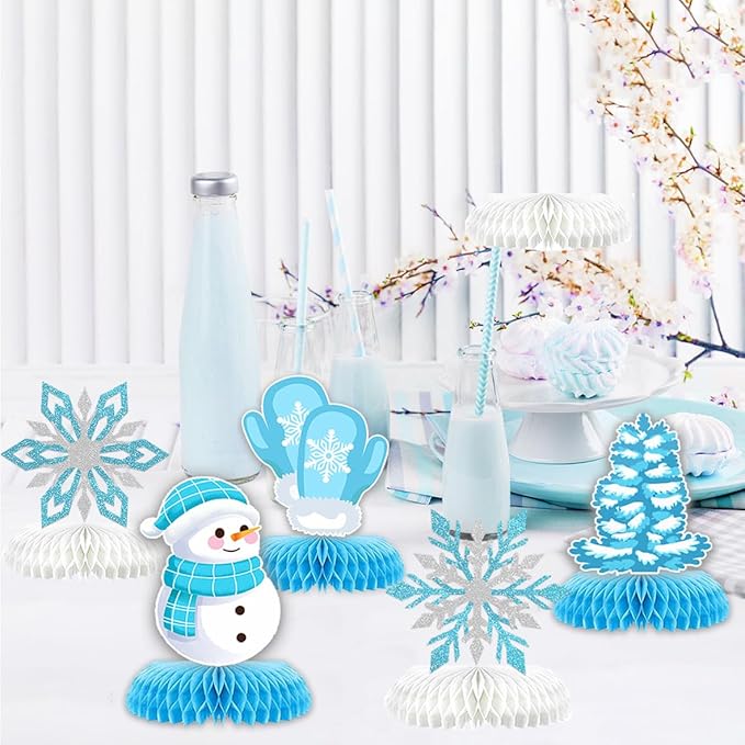 9Pcs Winter Wonderland Decorations 3D Snowflake Honeycomb Table Centerpieces for Frozen Winter Blue White Theme Christmas Baby Shower Birthday Party Supplies (Snowman Blue)