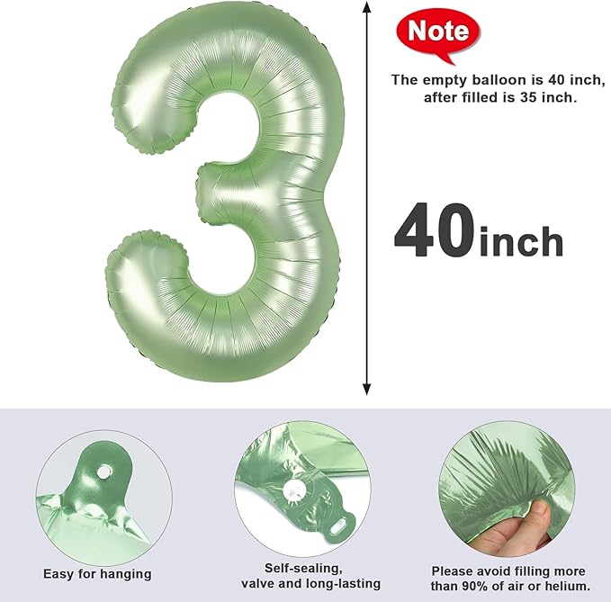 Numbers Balloon 3, 40 Inch Large Olive Green Balloon for Three Year Old Birthday Decor, 3 13 30 31 Birthday Party Decorations for Wedding Supplies