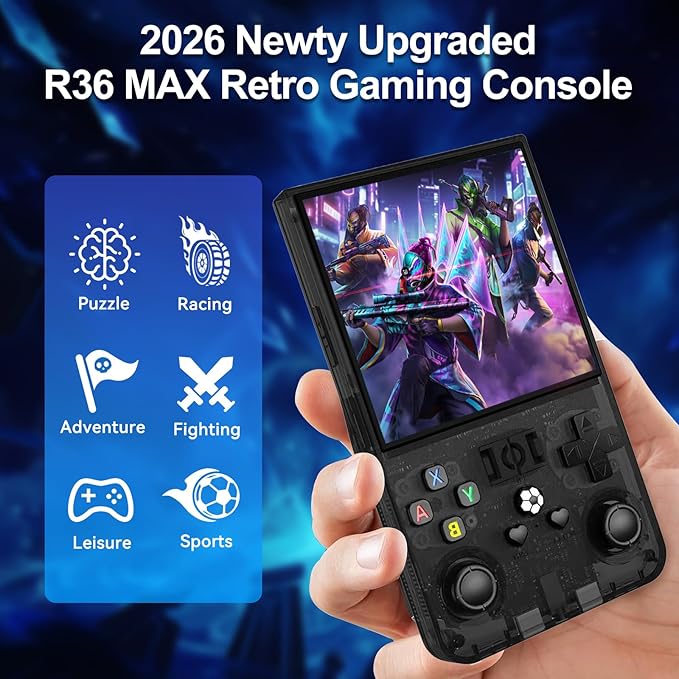R36MAX Retro Handheld Game Console, 4.0" IPS Screen Retro Gaming Console, 128GB TF Card, 30+ Mainstream Emulators, 22,000+ Classic Games, Open Source Linux System, 4000mah Battery – Black