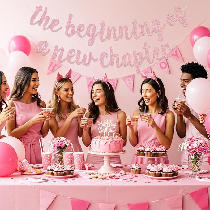 BEISHIDA Glitter Dark Pink The Beginning of A New Chapter Banner,Pre-Strung Farewell Book Themed Housewarming Party Congratulations Decorations,Going away party Garland,Graduation Sign 2026 Banner,retirement Supplies