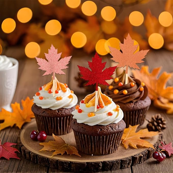 Fall Thanksgiving Cupcake Toppers, 24 PCS Glitter Maple Leaf Cupcake Toppers Cake Decorations, 4 Colors Maple Leaf Food Picks for Fall Autumn Thanksgiving Day Themed Party Decoration Supplies