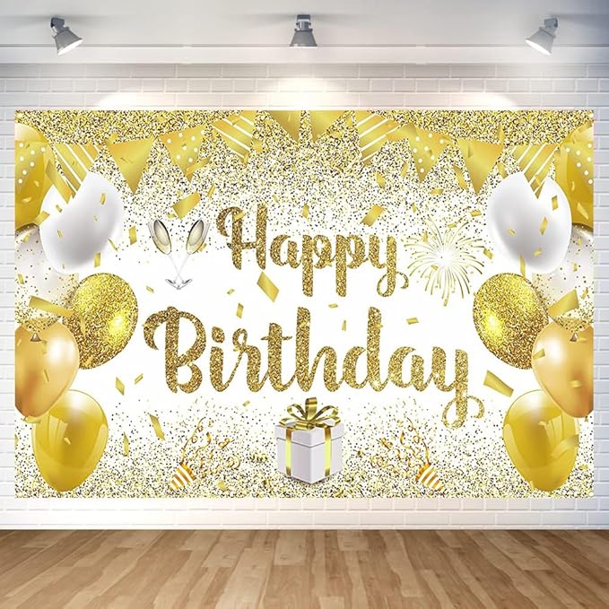 Gold Birthday Party Backdrop Gold Happy Birthday Banner Photography Background for Home Decorations Party Supplies 70.8 x 47.2 Inch